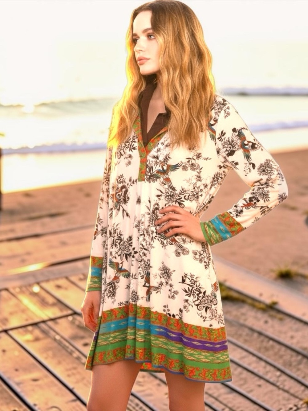 Johnny Was Floral & Crane Print Long Sleeve Rayon Dress